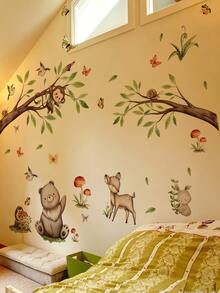 1pc Green Leaf & Branch Cute Animal Butterfly Bear Deer Wall Decal Sticker, Removable Bedroom Living Room Wall Decoration - 1PC - View 4
