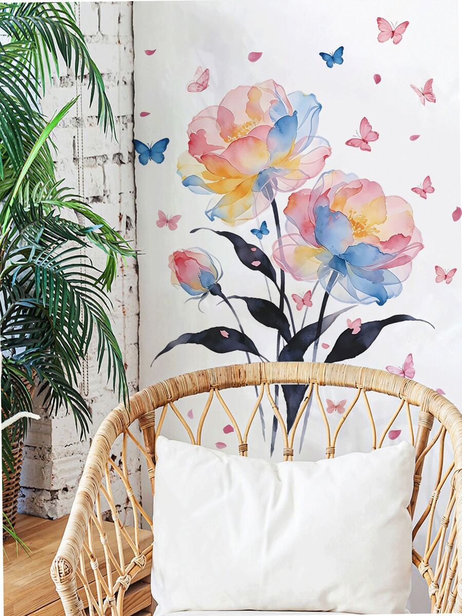 1pc Large Fresh Blue & Pink Watercolor Floral Wall Sticker, Botanical Butterfly Plant Ink Leaf Wall Decal For Bedroom, Living Room, TV Background - 1PC - View 1