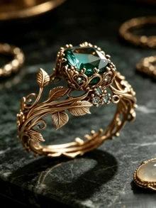 Totem Ring Vintage Alloy Inlaid Green And Gold Ring, Summer Aesthetic Fashion Jewelry, Boho Stylish Accessory For Summer Beach Seaside Vacation Pool Party Evening Gathering Daily Dating Photo Shoot Travel Holiday Casual Birthday Wedding Bridal Shower Festival Party Anniversary Gift, Perfect Gift For Girlfriend Mother's Day Present All Season Daily Wear - 廢金屬 - 查看 8