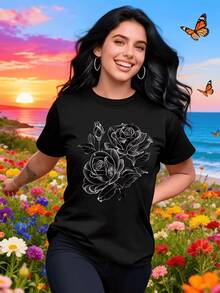 Rosales delicados y capullos en pleno florecimiento simbolizando el amor eterno y la belleza efímera en esta camiseta de mujer perfecta para expresar tu esencia romántica bajo el cielo vibrante y mariposas revoloteando libremente cerca del océano. - Negro - Ver 1