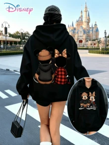 Disney Couple Mickey Minnie Plaid Beanie Back‑View Printed Unisex Hoodie With Sweet Matching Motifs. A Relaxed, Casual, And Versatile Top, Perfect For Holiday Gifting. (Unisex Autumn/Winter Clothing/Elegant Casual Outfits/Patterned Hoodies/Printed Tops/Casual Outfits For Couple‑Matching Daily Wear) - màu đen - Xem 1