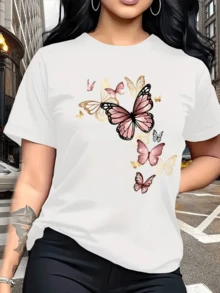 Mariposas rosadas y doradas simbolizan libertad transformación y elegancia sobre un fondo claro que refleja serenidad y vitalidad camiseta de mujer moderna casual cómoda para uso diario - Blanco - Ver 1