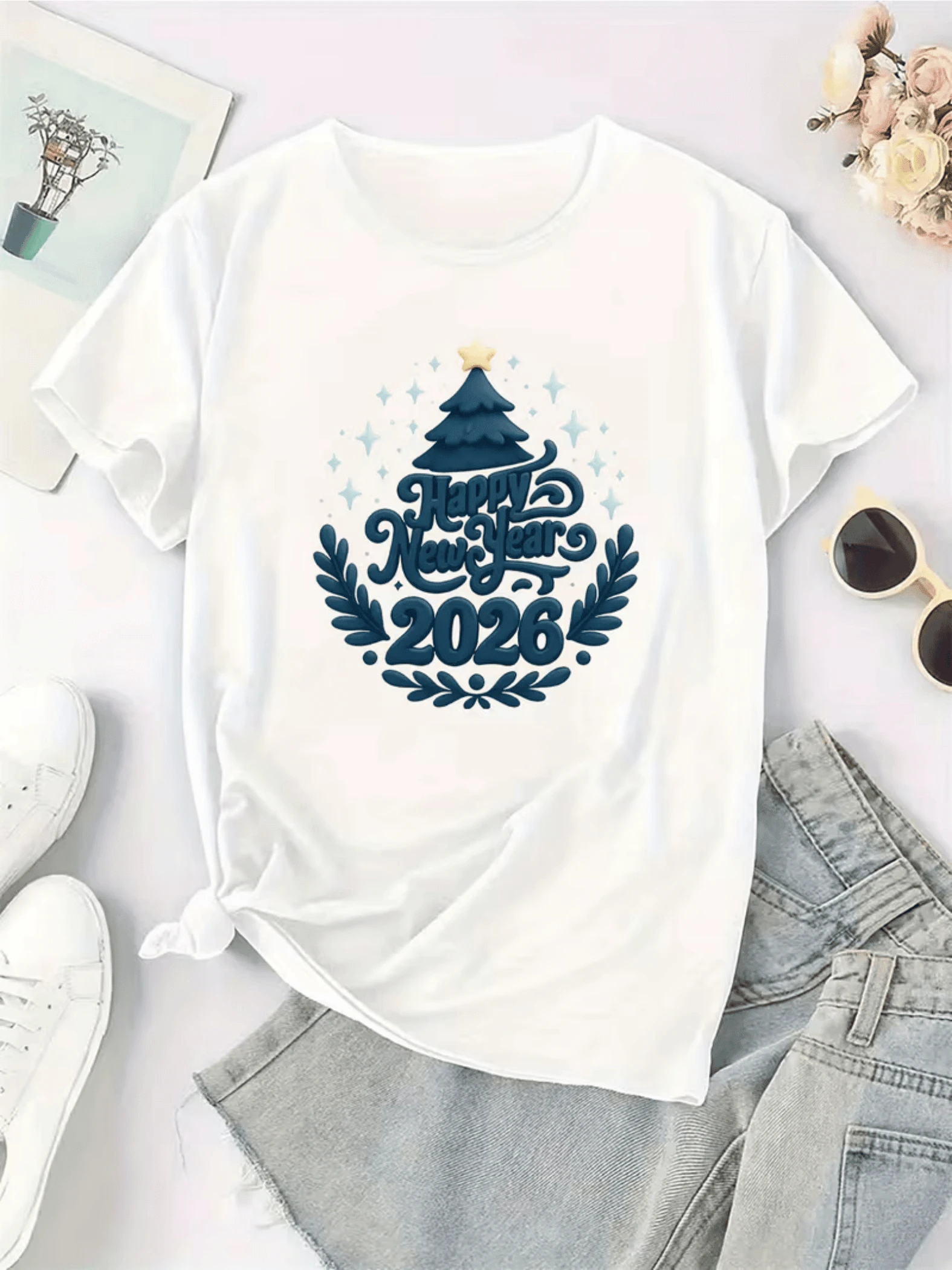Árbol festivo azul con estrella dorada en la parte superior rodeado de hojas y destellos que simbolizan alegría esperanza y nuevos comienzos para celebrar el año 2026 camiseta de mujer casual moderna cómoda para ocasión navideña - Blanco - Ver 1