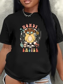 Dibujo de un pollito con sombrero vaquero entre cactus flores y huevos decorados simbolizando la energía alegre de la Pascua con tonos vivos y mensaje festivo camiseta de mujer casual cómoda para uso diario - Negro - Ver 6