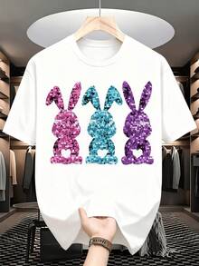 Tres conejos brillantes formados por lentejuelas de colores rosa azul y púrpura que simbolizan alegría unión y ternura ideal para reflejar energía positiva camiseta de mujer casual moderna - Blanco - Ver 1