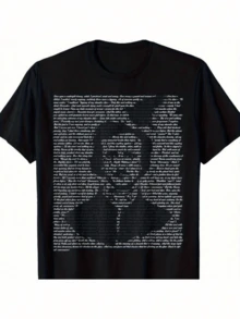 Figura formada por líneas de texto que se entrelazan creando la silueta de un rostro misterioso evocando pensamiento reflexión y literatura clásica con efecto visual elegante y profundidad artística camiseta de mujer moderna casual cómoda - Negro - Ver 1
