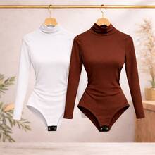 Women's Long Sleeve Bodysuit, Sizes P To G5, Elegant Plus Size Blouse, Autumn/Winter Bodysuit - 2件棕白相間的長袖連身衣 - 查看 8