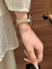 Dây đeo đồng hồ hình cỏ bốn lá đính đá, làm từ hợp kim kẽm, tương thích với Apple Watch Series 10/9/8/7/6/5/4/3/2/1 SE Ultra, kích thước 38 40 41 42 44 45 49mm, màu vàng sâm panh, bạc ánh trăng, đen tuyền, dây đeo đồng hồ nữ thanh lịch, chất liệu hợp kim. - Vàng - Xem 10