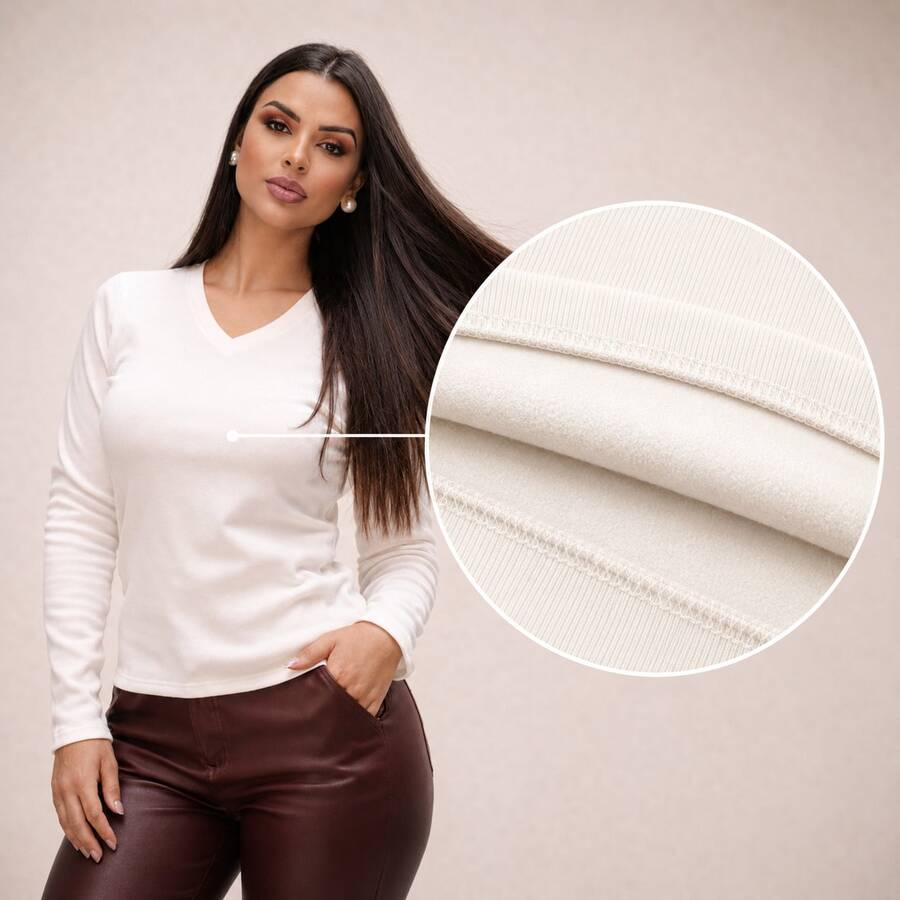 Long-Sleeved Flannel Blouse For Women, Ribbed Knit, V-Neck, Casual, Elegant, Chic, Basic, Comfortable, Warm, Fashionable, , Autumn/Winter 2026, Burgundy. - 米白色 - 查看 1