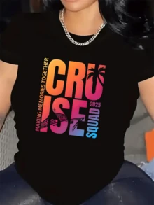 Palmera al atardecer con tonos cálidos que evocan vacaciones en el mar y amistad durante un viaje en barco con mensaje positivo para compartir momentos felices camiseta de mujer casual moderna para verano - Negro - Ver 6