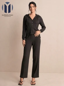 Women's Two-Piece Set: Hoodie And Wide-Leg Ribbed Pants - Ideal For Spring And Casual Wear - Black - View 4