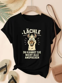 A Smiling Llama Design Conveys Good Humor And Positive Energy, Inspiring Calm And A Joyful Outlook On Life. This Comfortable, Casual Women's T-Shirt Is Ideal For Everyday Wear. - 黑色 - 查看 1