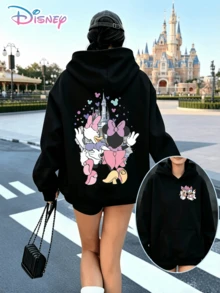 Disney Minnie & Daisy Duck Castle Confetti Printed Hoodie With Cartoon Character Back‑View Motifs. A Relaxed, Casual, And Versatile Top, Perfect For Holiday Gifting. (Women's Autumn/Winter Clothing/Elegant Women's Outfits/Patterned Hoodies/Printed Tops/Casual Outfits For Best‑Friend Matching Wear) - màu đen - Xem 1