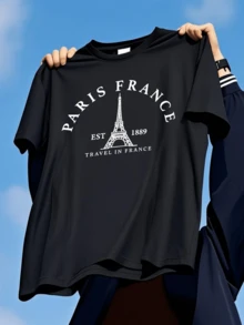 Eiffel Tower, Iconic Symbol Of Paris Representing Romance, Travel, And European Elegance, With Lettering That Evokes History Since 1889. Ideal For Travel-Minded Individuals, This Comfortable And Modern Women's T-Shirt Is Perfect For Those With A Wanderlust. - 黑色 - 查看 6