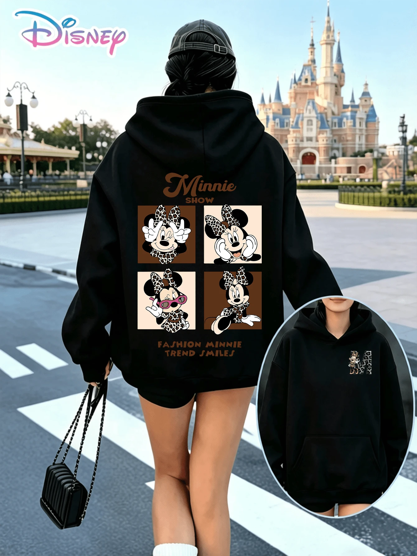 Disney Leopard Bow Minnie Four‑Panel Printed Hoodie With "Fashion Minnie Warm Smiles" Slogan. A Relaxed, Casual, And Versatile Top, Perfect For Holiday Gifting. (Women's Autumn/Winter Clothing/Elegant Women's Outfits/Patterned Hoodies/Printed Tops/Casual Outfits For Y2K‑Style Daily Wear) - màu đen - Xem 1