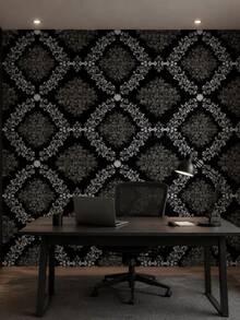 Rolo Papel Parede Adesivo 10 Metros Arabescos Decoração Casa Papel Parede Lavável PVC Decorado Impermeável Aplicação Fácil Ambiente - ARABESCO PRETO/BRANCO - Visão 2