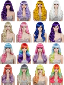 Long Curly Synthetic Wig,Vibrant Long Wavy Wig With Fringe Multi-Color Gradient & Solid Options, Full Bangs, Fluffy Waves, For Halloween Party Cosplay Music Festival Dance Performance - Multicolor - View 7