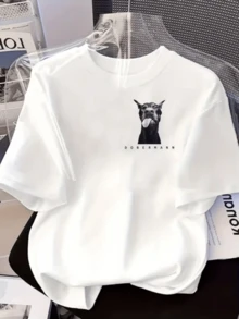Figura de un perro dóberman elegante mostrando carácter fuerte y mirada decidida simboliza lealtad y energía positiva ideal para quienes aman el estilo urbano moderno camiseta de mujer casual cómoda para uso diario - Blanco - Ver 1