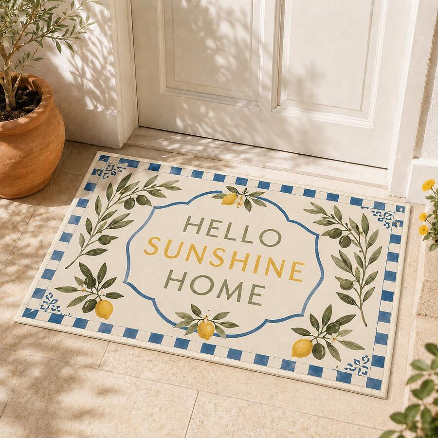 1件“HELLO SUNSHINE HOME”字母柠檬花格子图案门垫 - 卧室地毯、玄关地毯，适用于家居装饰、房车入口垫、房间配件、客厅、书房、床边、沙发旁、阳台 - 彩色 - 查看 1