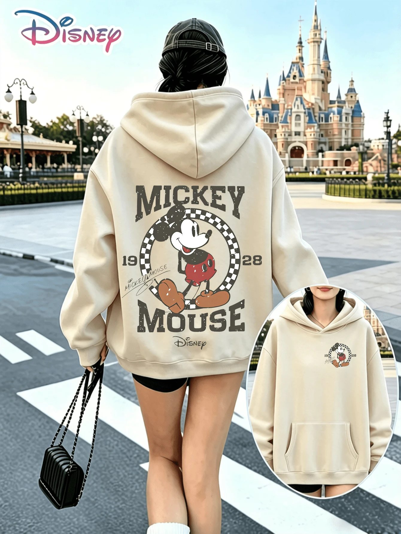 Disney Vintage Checkerboard Mickey Minnie Mouse 1928 Printed Unisex Hoodie With "Mickey Mouse" Slogan. A Relaxed, Casual, And Versatile Top, Perfect For Holiday Gifting. (Unisex Autumn/Winter Clothing/Elegant Casual Outfits/Patterned Hoodies/Printed Tops/Casual Outfits For Retro‑Style Daily Wear) - Màu be - Xem 1