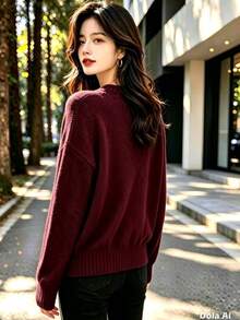 Women's Modal Turtleneck Sweater With Elastic Waist - 酒紅色 - 查看 2