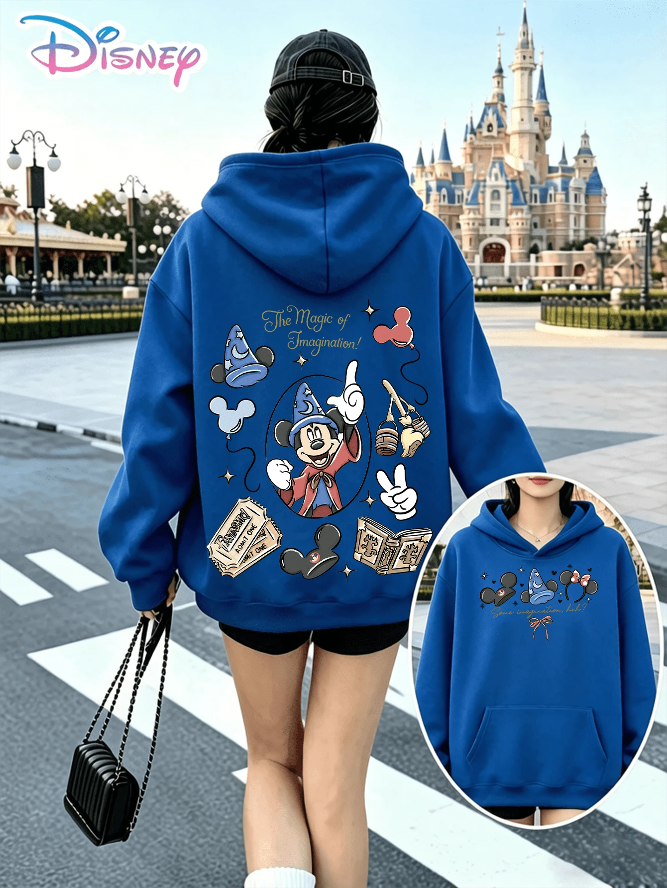 Disney Sorcerer Mickey Magic Imagination Printed Hoodie With "The Magic Of Imagination" Slogan. A Relaxed, Casual, And Versatile Top, Perfect For Holiday Gifting. (Women's Autumn/Winter Clothing/Elegant Women's Outfits/Patterned Hoodies/Printed Tops/Casual Outfits For Magical‑Theme Daily Wear) - Màu xanh lam - Xem 1