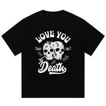 Boy Camiseta De Manga Corta Para Hombre Con Estampado De Calaveras Y Rosas Estilo Retro Americano, Marca De Moda Urbana, Corte Holgado, Estilo Para Parejas. - Negro - Ver 1