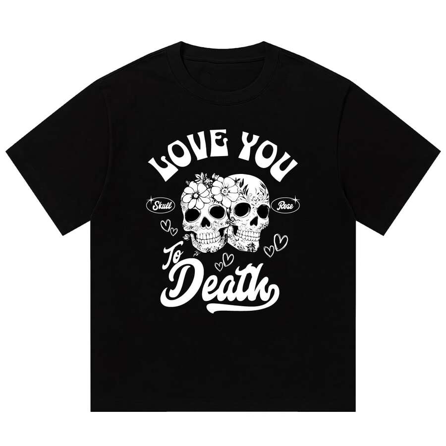 Boy Camiseta De Manga Corta Para Hombre Con Estampado De Calaveras Y Rosas Estilo Retro Americano, Marca De Moda Urbana, Corte Holgado, Estilo Para Parejas. - Negro - Ver 1