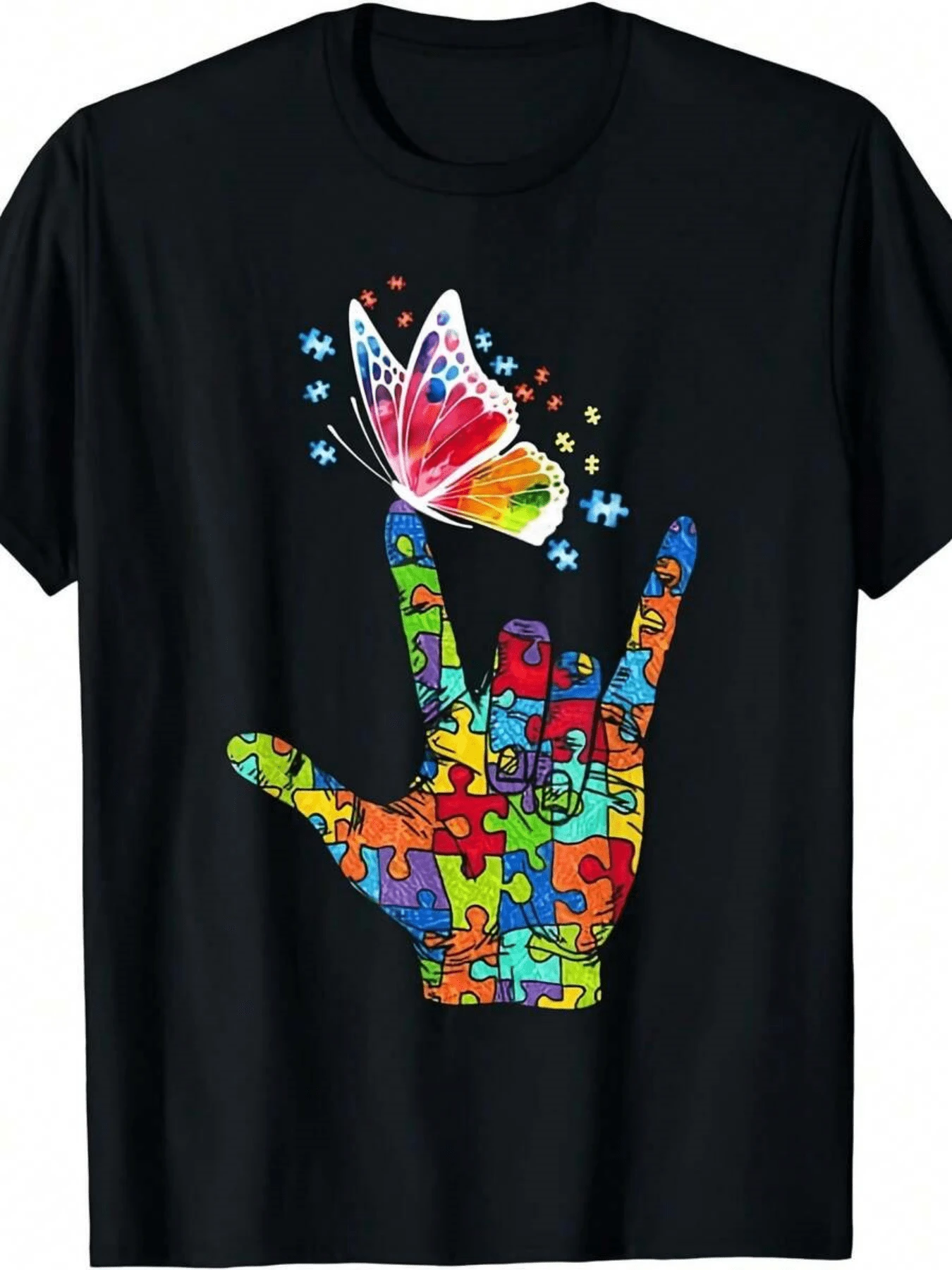 Hand Formed By Multicolored Puzzle Pieces Expressing Love And Connection With A Bright Butterfly As A Symbol Of Diversity And Hope. Women's Casual Modern Comfortable T-Shirt For Everyday Wear - 黑色 - 查看 1