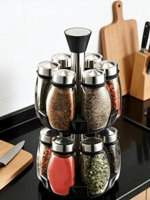 Versatile 360° Rotating Spice Rack Organizer Space-Saving Thick 2-Tier Seasoning Carousel Stand For Culinary Lovers Solid Herb Condiment Holder Set Great For Kitchen Island With 12 Empty Jars Kitchen Organization And Storage Spice Racks - Multicolor - View 10