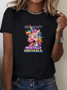 Colorful Unicorn With A Fun Expression Symbolizing Chaotic Energy And Free Imagination Of The Young Spirit. Comfortable, Modern, Casual Women's T-Shirt For Everyday Wear. - màu đen - Xem 8
