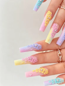 2pcs/Set Stiker Kuku Bunga Timbul 5D, Stiker Kuku Bunga Perekat Lembut, Dekorasi Seni Kuku dengan Pusat Berlian Imitasi Berkilau, Cocok untuk Wanita dan Anak Perempuan untuk DIY Seni Kuku - MultiWarna - View 4