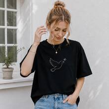Playera Negra para Mujer con Estampado de Pájaro Minimalista, Camiseta Básica Manga Corta Cómoda para Verano, Estilo Casual Chic - Negro - Ver 7