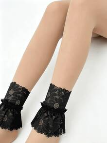 2/4 Lapisan Ganda Ruffle Lace Ankle Decor, Sweet Floral Sheer Leg Sleeves, Lolita Style Women's Black/White Lace Leg Rings, Ruffle Floral Ankle Leg Warmers, Decorative Foot Wraps Suitable For JK Uniforms And Dresses - MultiWarna - View 7