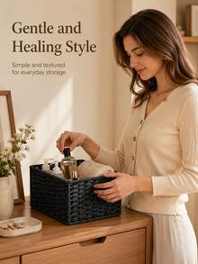 1 cái/3 cái Giỏ đựng đồ, Hộp đựng đồ để bàn ở lối vào đựng đồ ăn nhẹ, mỹ phẩm, giỏ đan cổ điển cho gia đình - màu đen - Xem 3
