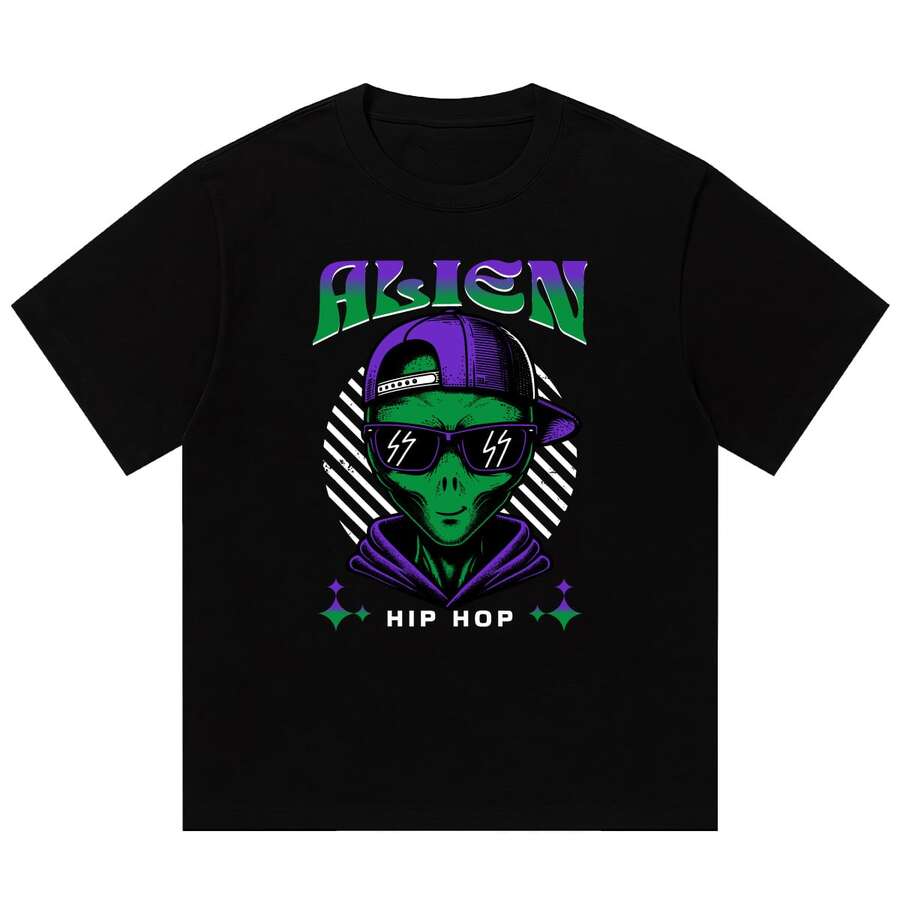 Boy Camiseta Con Estampado De AlieníGena Estilo Hip-Hop Americano, Verano, Unisex, Para Parejas, Manga Corta, Holgada, Casual - Negro - Ver 1