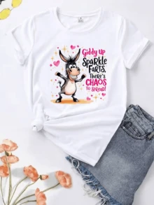 Smiling Donkey Surrounded By Pink Hearts And Golden Sparkles Conveying Joy, Energy And Fun, Ideal For Free Spirits. Casual And Comfortable Women's T-Shirt For Everyday Wear. - 白色 - 查看 8