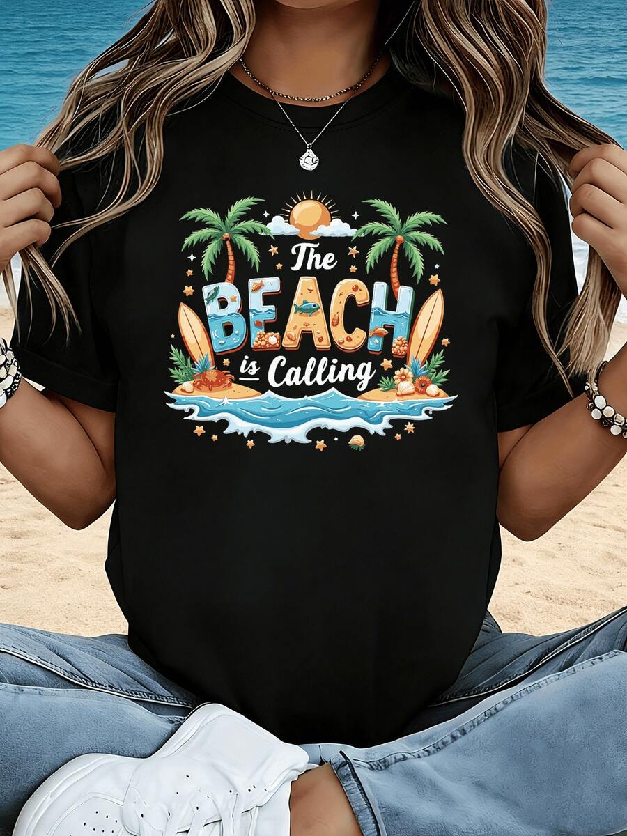 Sol radiante sobre el mar con palmeras y tablas de surf que evocan la llamada del verano y el sonido de las olas inspirando libertad y descanso camiseta de mujer casual para playa y paseo - Negro - Ver 1