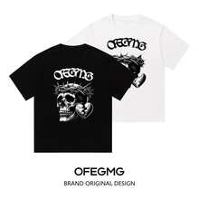 Boy Camiseta De Manga Corta Con Estampado De Calaveras Estilo Americano, Top Casual Holgado Unisex Para Parejas De Verano. - Blanco - Ver 3