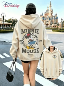 Disney Vintage Checkerboard Mickey Minnie Mouse 1928 Printed Unisex Hoodie With "Mickey Mouse" Slogan. A Relaxed, Casual, And Versatile Top, Perfect For Holiday Gifting. (Unisex Autumn/Winter Clothing/Elegant Casual Outfits/Patterned Hoodies/Printed Tops/Casual Outfits For Retro‑Style Daily Wear) - Màu be - Xem 1
