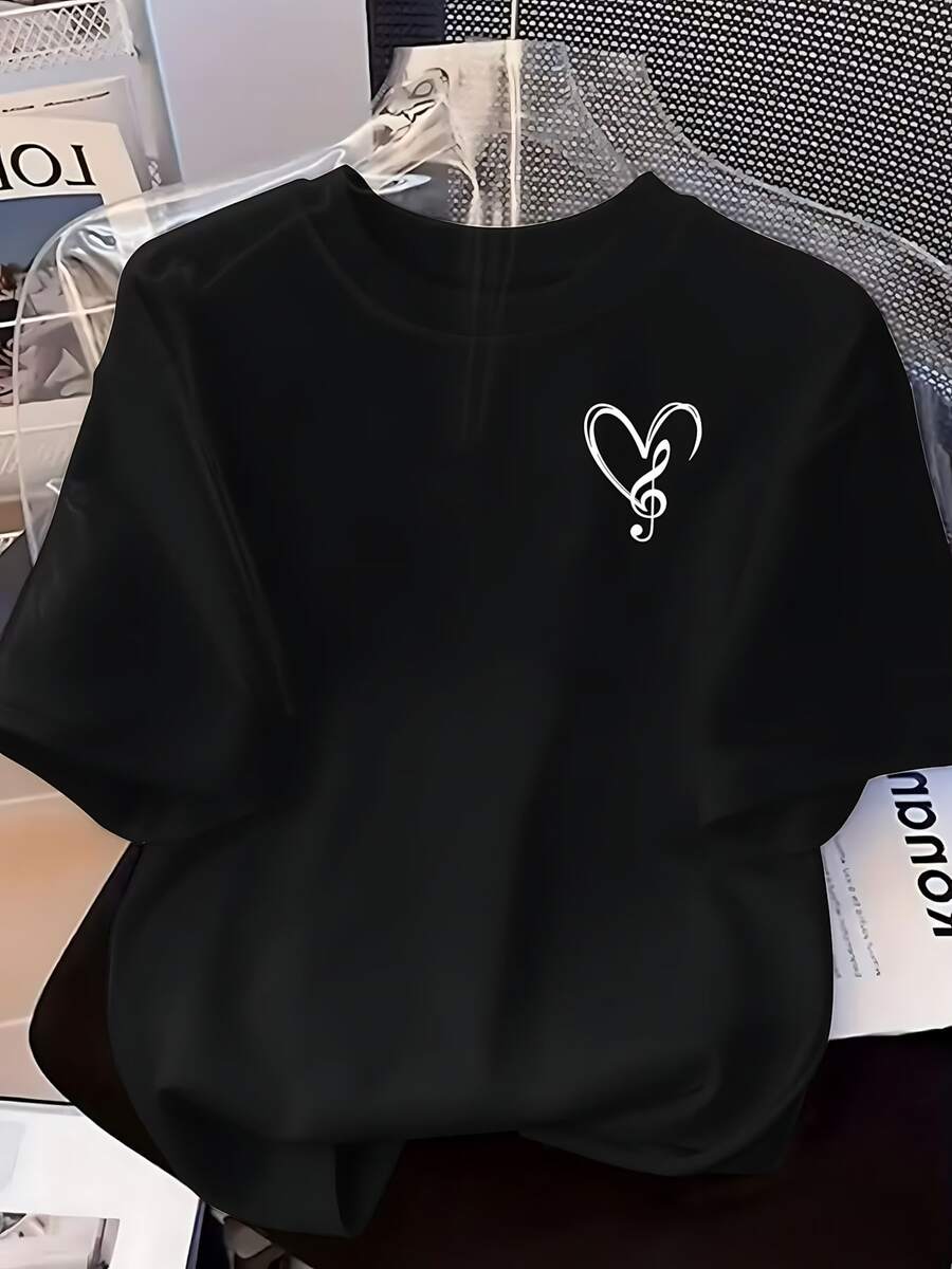 Camiseta unisex nueva de verano con estampado original de corazones y notas musicales - Negro - Ver 1
