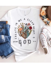 Corazón formado por flores y hojas que simbolizan pureza renovación espiritual y conexión con la naturaleza inspirado en un mensaje de fe y esperanza camiseta de mujer con estampado gráfico moderno y significado profundo - Blanco - Ver 1