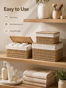 1pc/3pcs Multipurpose Storage Basket, Entryway Tabletop Organizer Box For Snacks, Cosmetics, Home Use Retro Woven Basket - Khaki - View 5