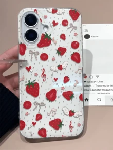 Music Note & Strawberry Pattern Phone Case, Suitable For IPhone 17, IMD Soft Protective Cover For IPhone 15 Pro Max, Cute Design For IPhone 16 Pro, European And American Style For IPhone 14, Suitable For Girls - Red - View 1