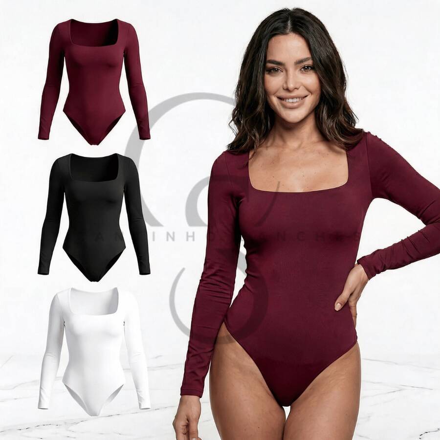 Set Of 3 Women's Square Neck Long Sleeve Bodysuits In Elegant Premium Lined Spandex - 黑白葡萄酒 - 查看 1