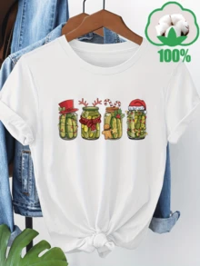 Festive Jars With Cacti And Pickles Adorned With A Sweet Red Christmas Hat And Lights Symbolizing Joy And Togetherness; A Comfortable And Charming Casual Women's T-Shirt For Everyday Wear - 白色 - 查看 6