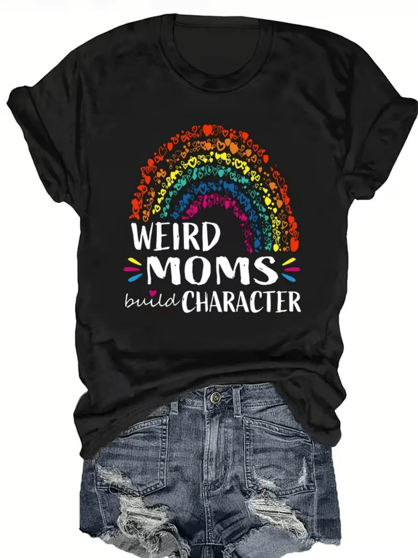 Arco iris formado por corazones multicolores que simbolizan la energía positiva de las madres únicas y la fuerza para crear carácter en la vida cotidiana camiseta de mujer casual cómoda para uso diario - Negro - Ver 1