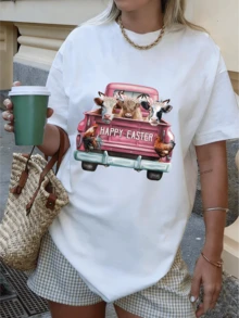 Camiseta blanca de algodón 100% para mujer, de primera calidad, lavable a máquina y resistente a la decoloración, con estampados de camión rosa, corona, vaca y gallo con la frase "HAPPY EASTER" para Pascua, que ofrece un estilo rústico y moderno, perfecta para eventos de Pascua en Estados Unidos, reuniones familiares, fiestas informales y actividades cotidianas. Ecológica. - Blanco - Ver 8
