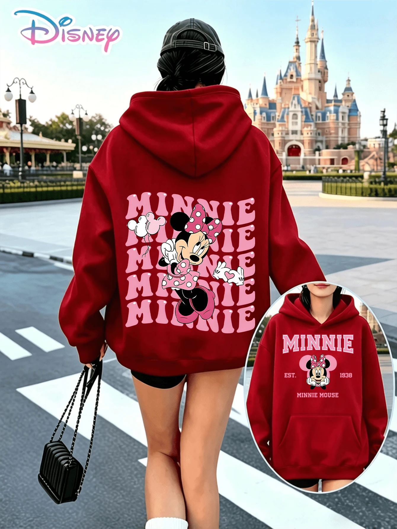 Disney Minnie Mouse EST.1938 Pink Bubble‑Letter Printed Unisex Hoodie With Heart‑Gesture & Balloon Motifs. A Relaxed, Casual, And Versatile Top, Perfect For Holiday Gifting. (Unisex Autumn/Winter Clothing/Elegant Casual Outfits/Patterned Hoodies/Printed Tops/Casual Outfits For Sweet‑Girl‑Theme Daily Wear) - 紅色 - 查看 1