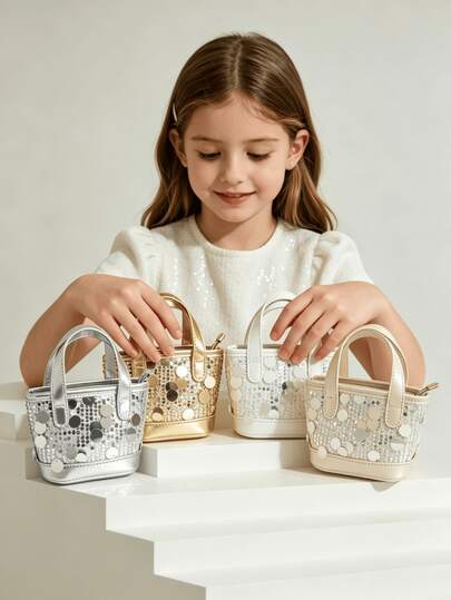 Girls Sequin Handbag, Minimalist Fashion Small Bag, Spring/Autumn New Stylish Purse For Little Girls, Shiny Princess Pouch, Girls Coin Purse, Fashionable Mini Bag, Adorable Tote Bag, Holiday/Birthday Gift, Candy/Lipstick Bag, Personalized Small Bag, Snack Bag For Shopping, Accessory Pouch, Bag, Runway Bag, Gold/Silver/White Small Bag